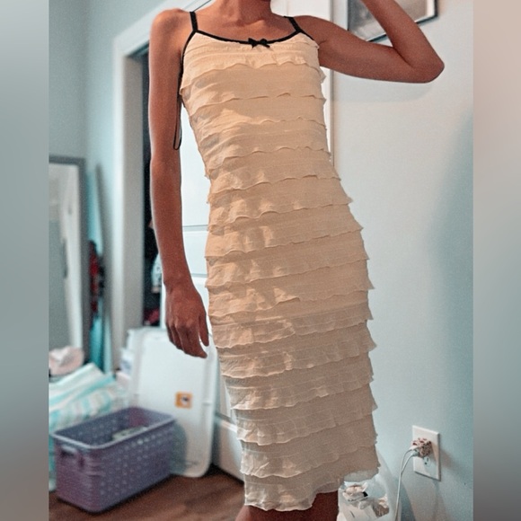 NWT TAYLOR SWIFT TTPD INSPIRED WHITE LAYERED RUFFLE DRESS W BLACK STRAPS AND BOW - Picture 2 of 6
